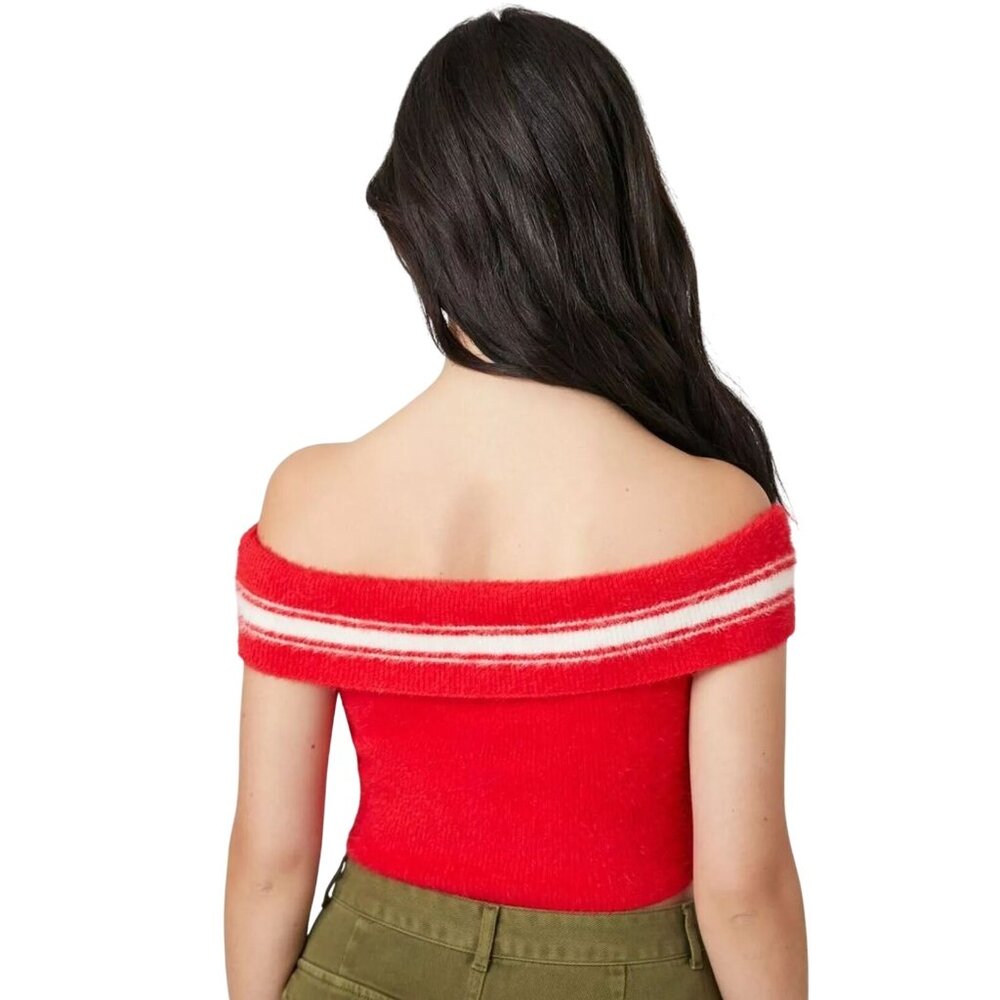 Forever 21 Women's 0X (Med) Off Shoulder Sweater-Knit Crop Top Red White Stripe - Picture 3 of 8